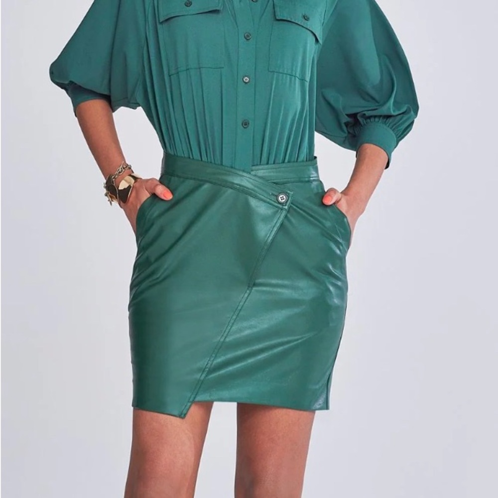 Green mini pencil skirt with asymmetrical wrap style for cocktail